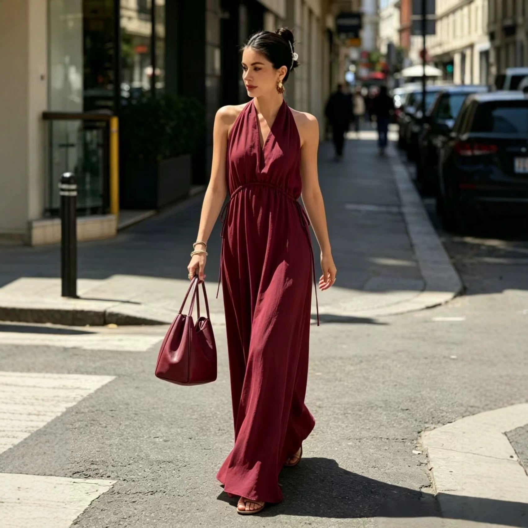 Halter Neck V Neck Waist Cinched Sleeveless Maxi Dress In A Vacation Style
