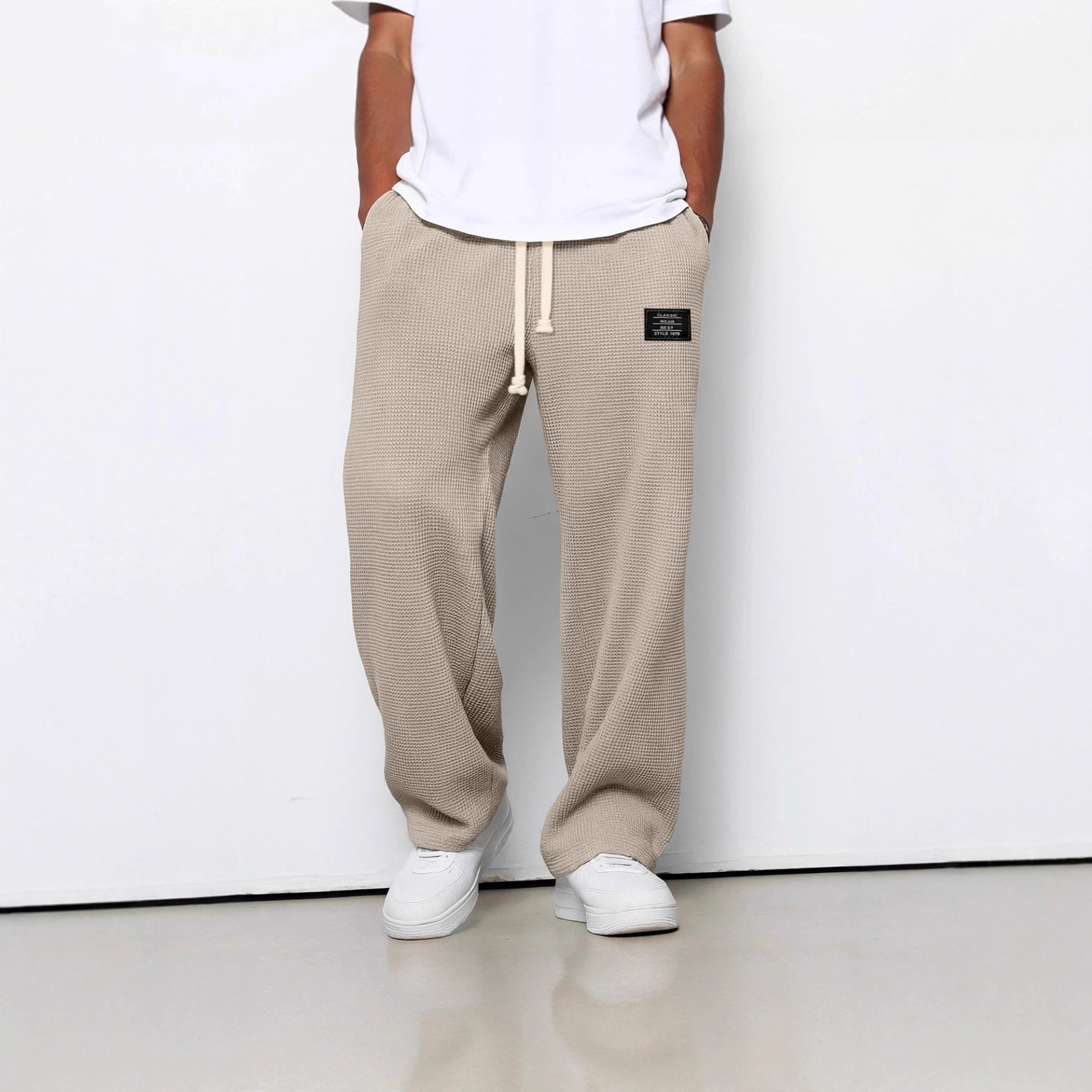 Waffle Straight Pants Fashion Brand Loose Loose Drawstring Pockets Trousers Casual Men's Clothing