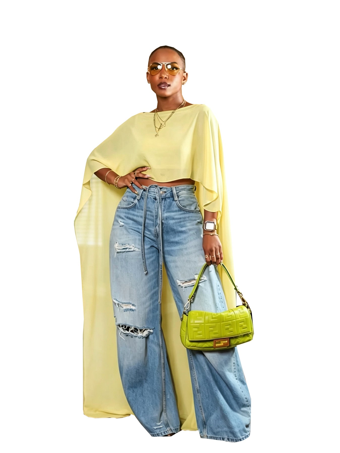 Elegant Womens Loose-fit Mesh Maxi Cape With Draped Batwing Sleeves And A Midriff-baring