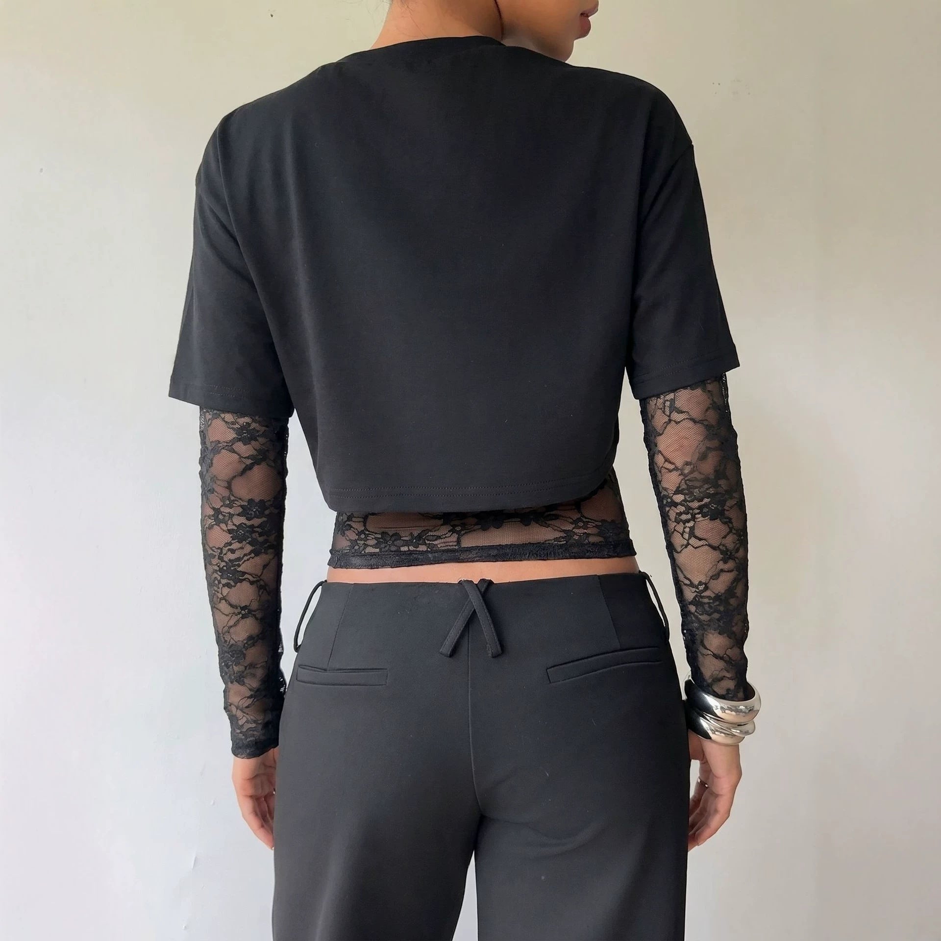 Autumn New Lace Splicing Waist Top