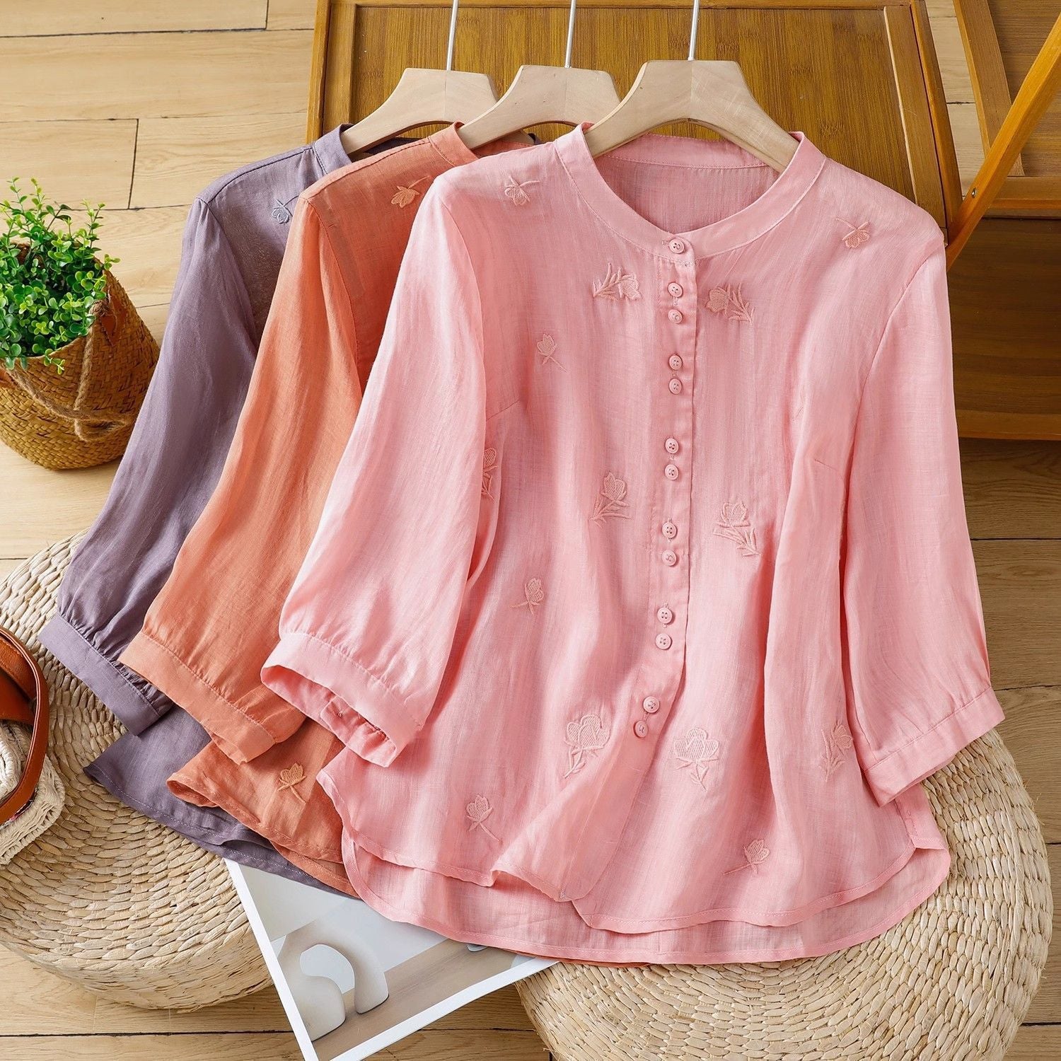 Stand-collar Retro Loose-fit Embroidered Blouse For Women