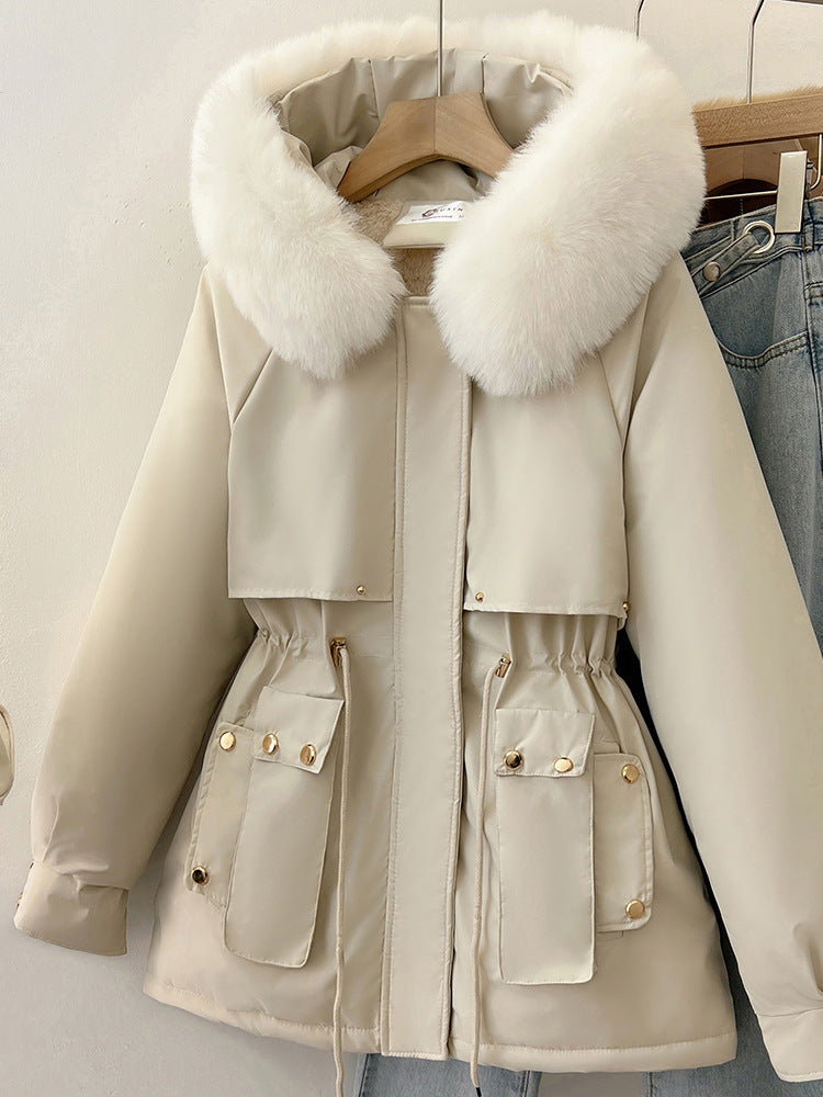 Womens Solid-Colored Loose Cotton Padded Coat With A Large Furry Collar