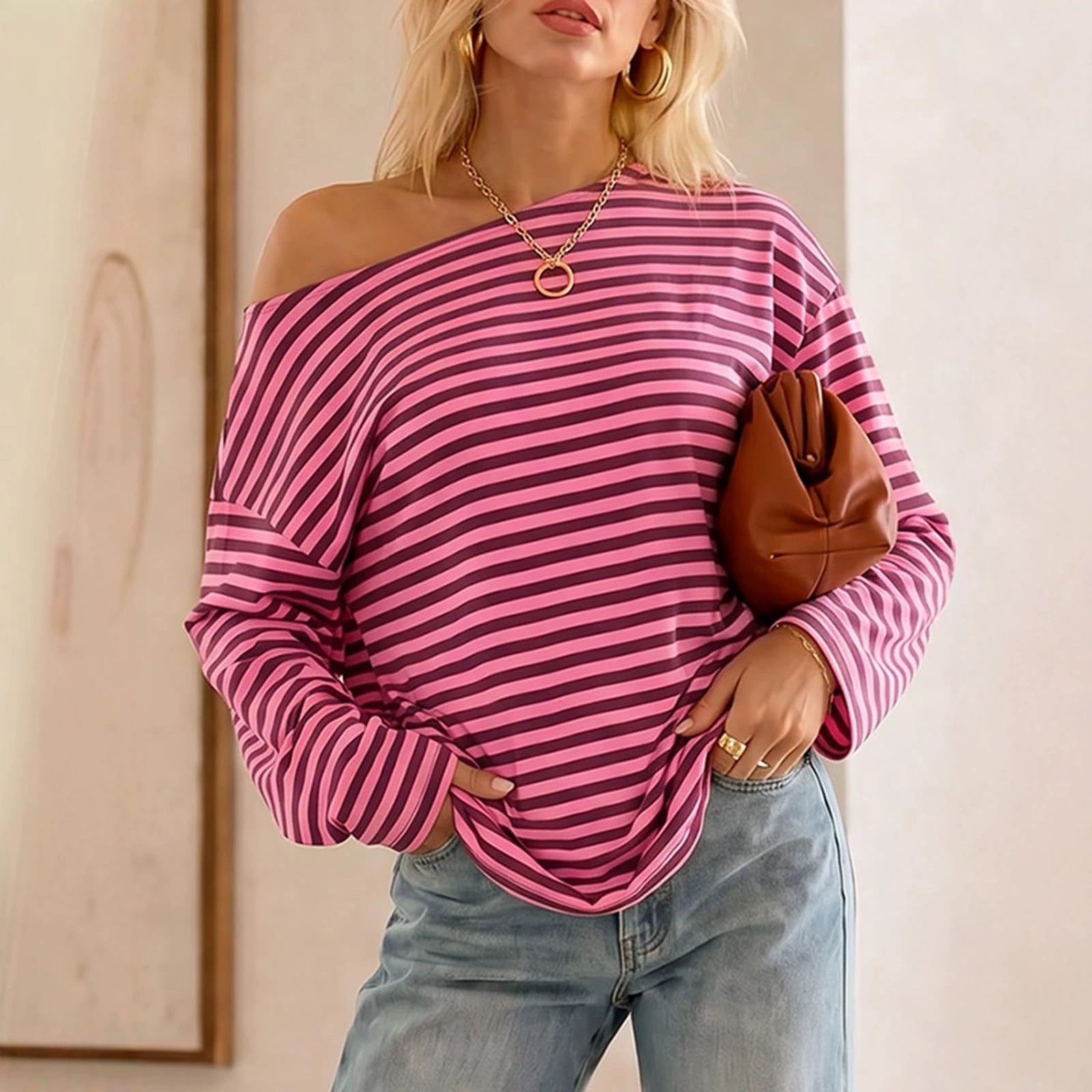Round Neck Striped Contrast Color Long Sleeves