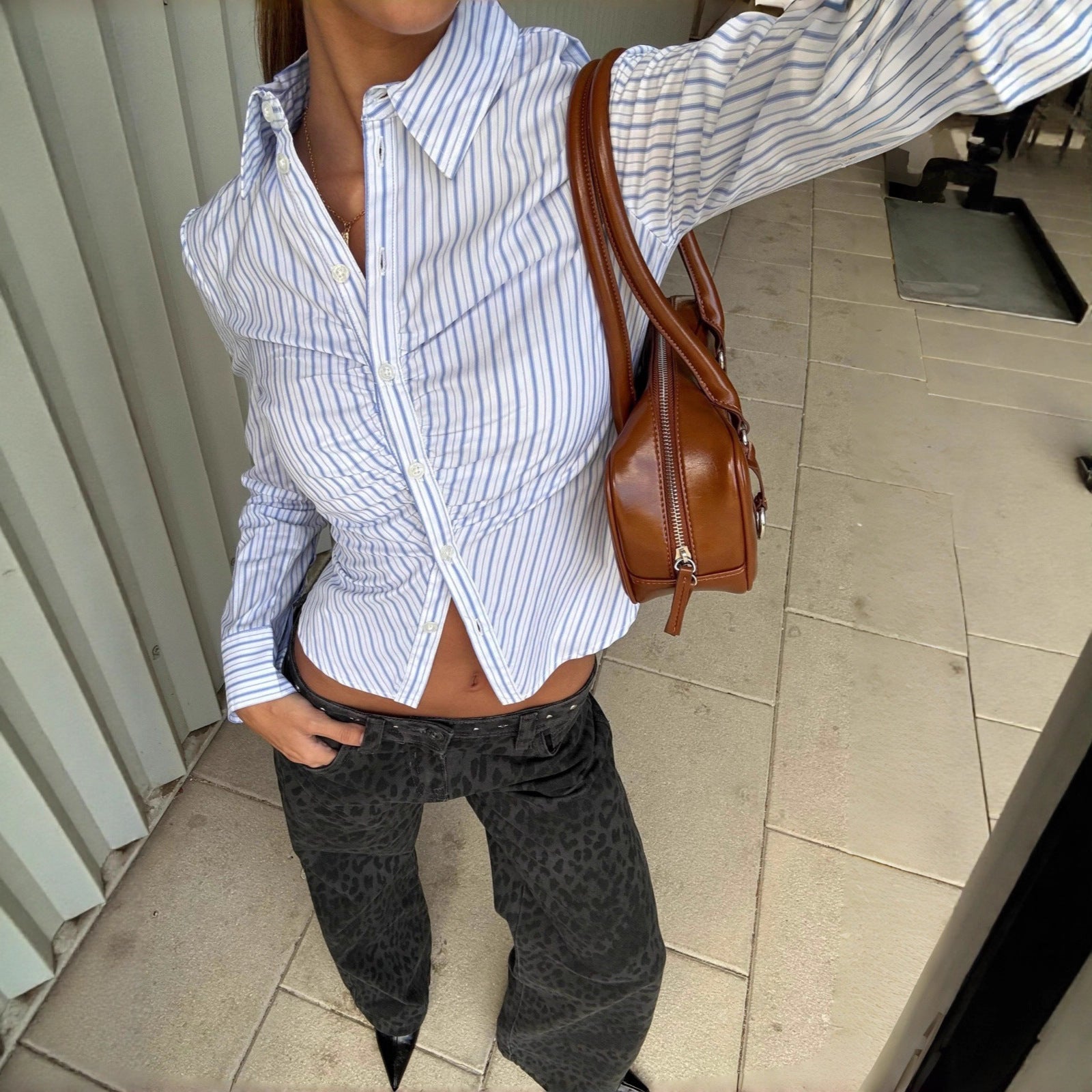 Womens Elegant Polo-collar Buttoned Cardigan Striped Long-sleeve Blouse Top