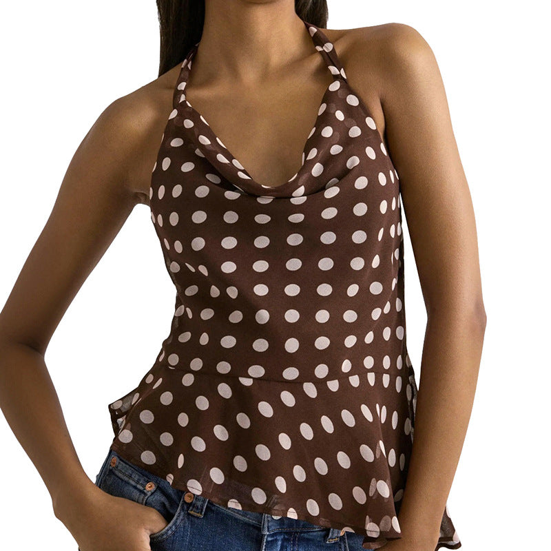 Womens Halter-Neck Strappy Backless Polka-Dot Printed Camisole