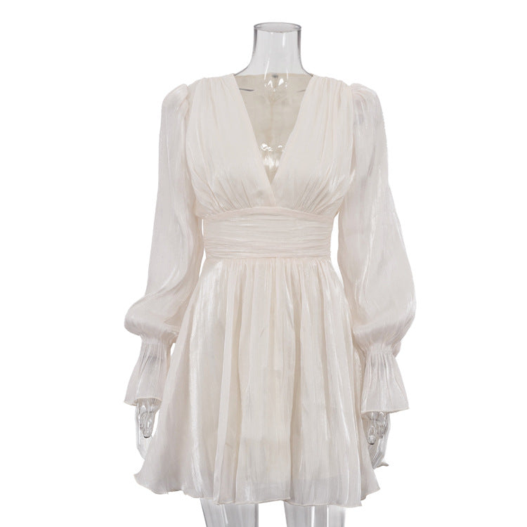 V-neck Lantern-sleeve High-waisted A-line Dress