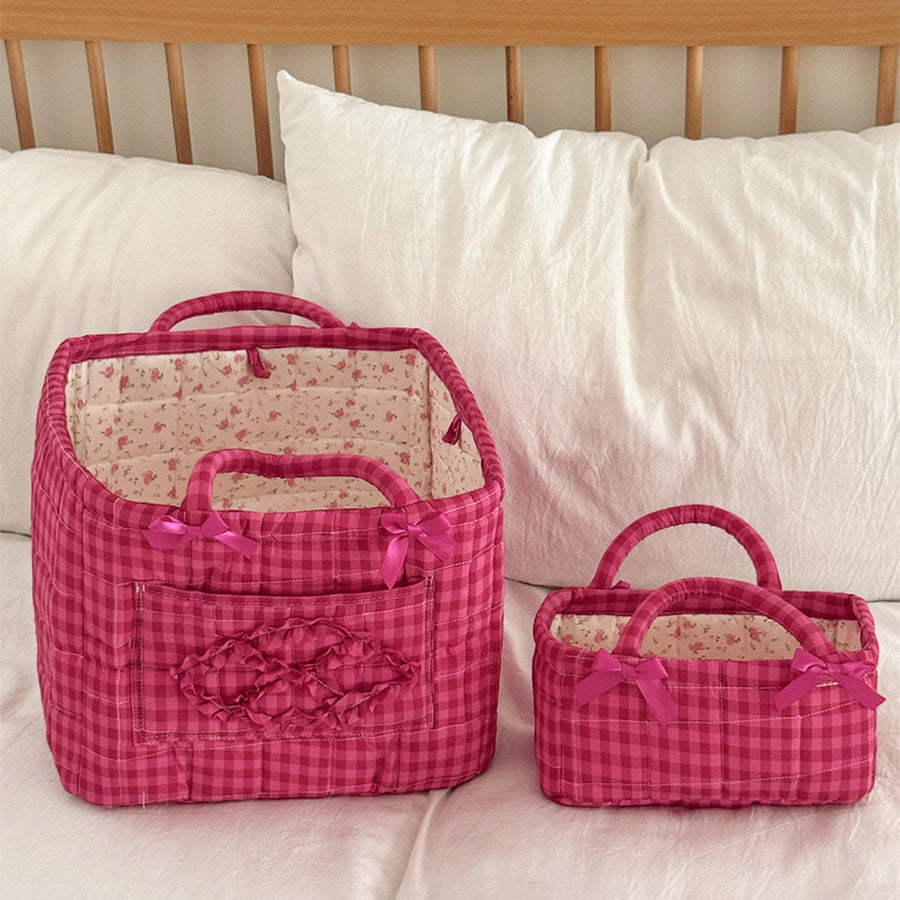 Retro Quilted Sweet Bow Embellished Handheld Storage Basket
