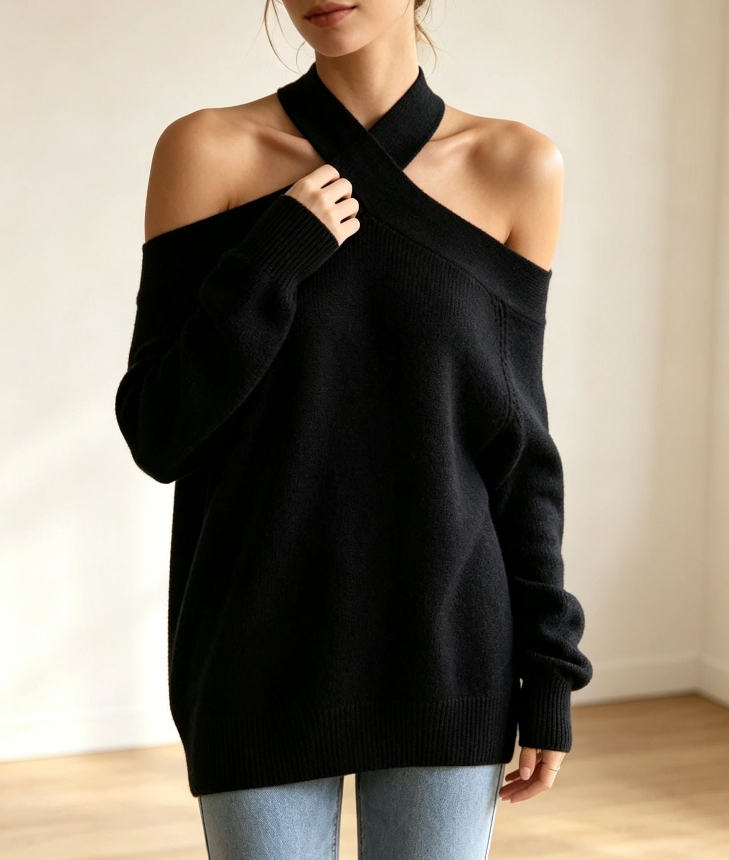 Halterneck Off-shoulder Knitted Pullover For Women