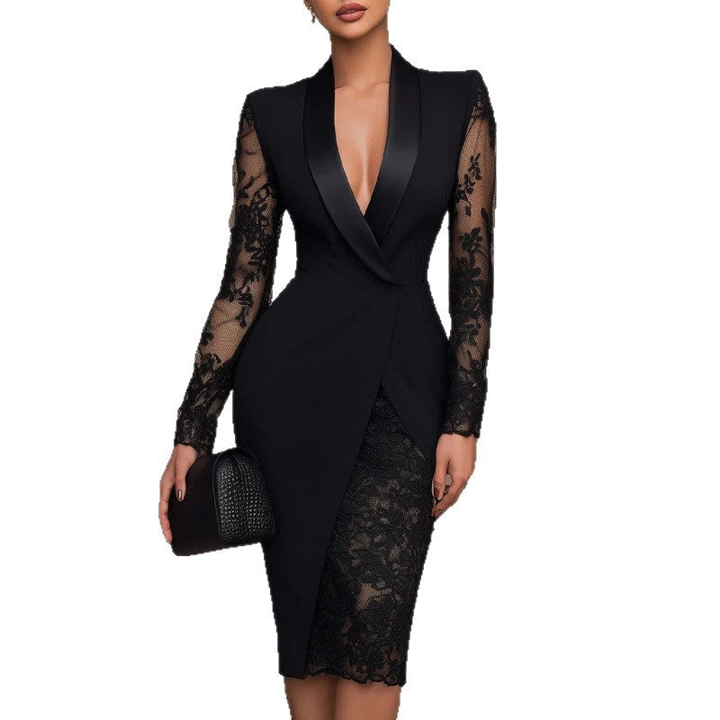 2026 Style Solid Color Lace Patchwork Long-Sleeve Lapel Collar Casual Commuter Waist-Cinching Blazer Dress