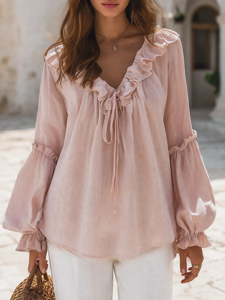Retro Ruffled V-neck Top With Loose Figure-flattering Lantern Sleeves