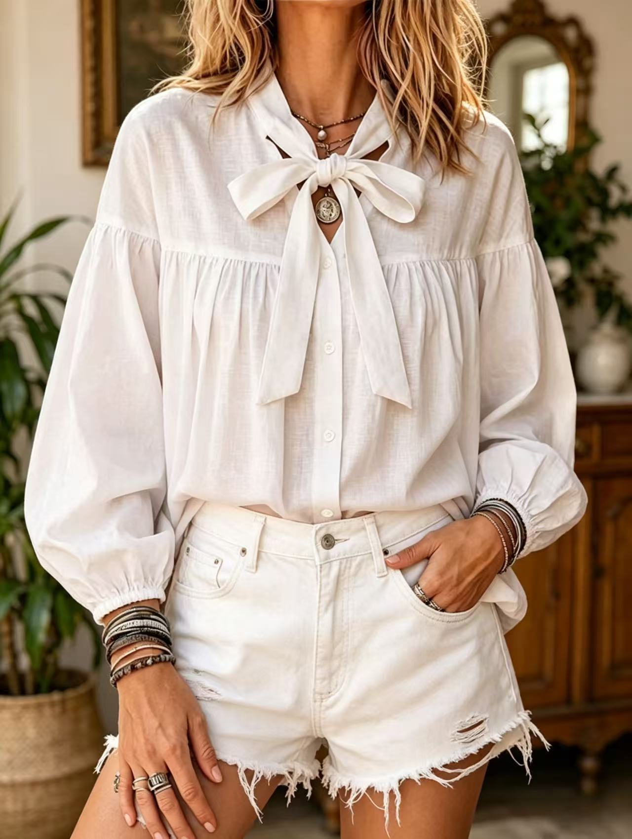 Bow-tie-laced Loose-fit Puff-sleeve Stand-collar Blouse