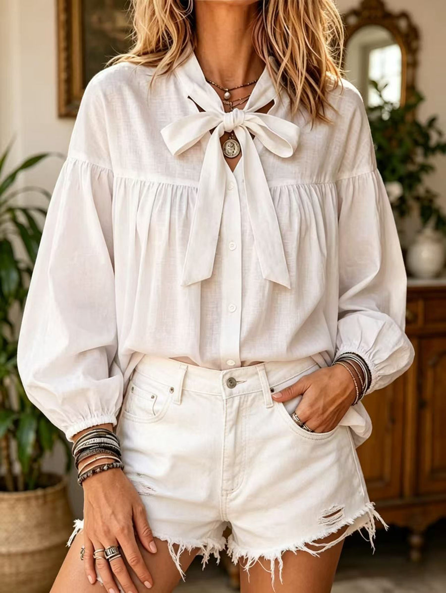 Bow-tie-laced Loose-fit Puff-sleeve Stand-collar Blouse