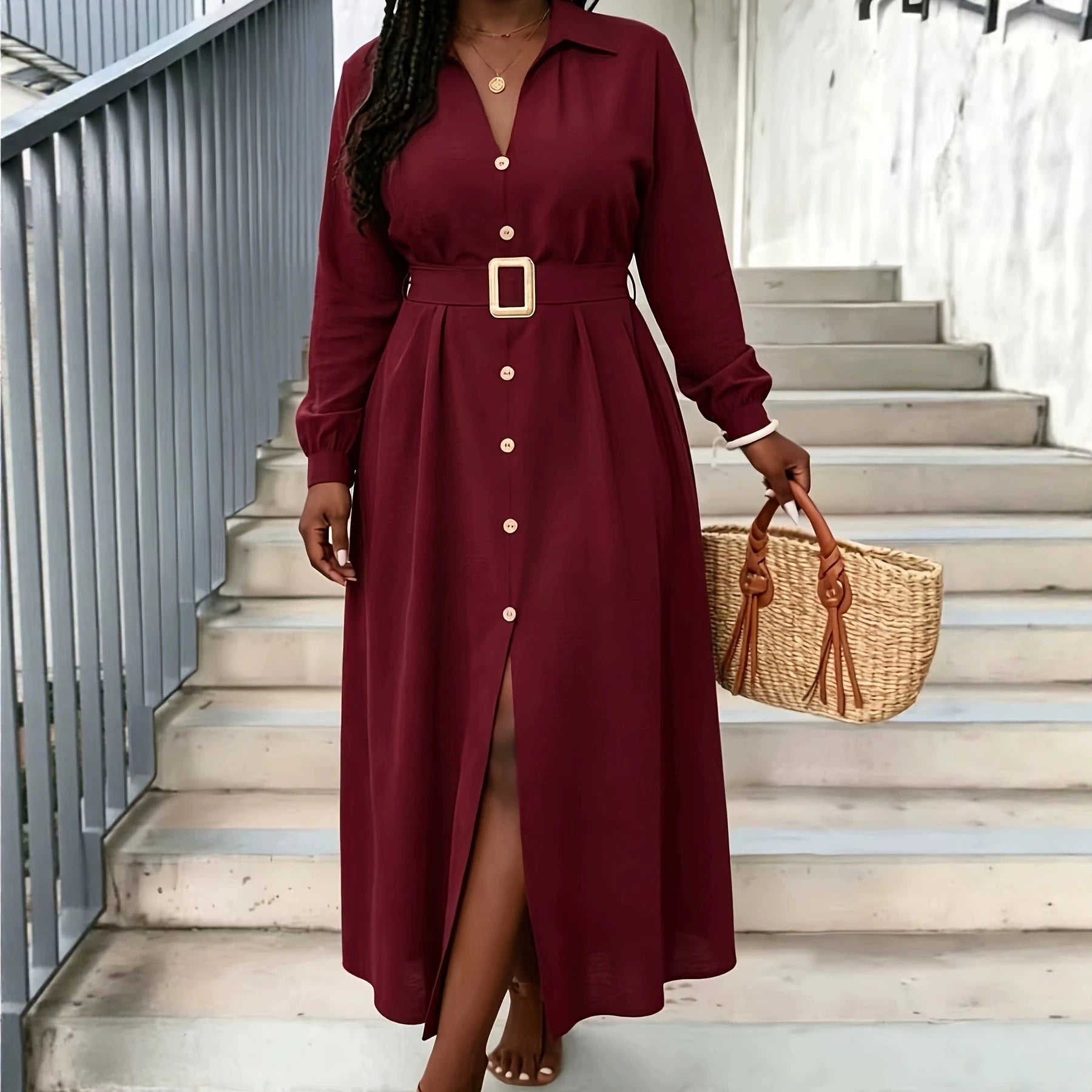 Waist-cinching Figure-flattering V-neck Long-sleeve Dress For Women