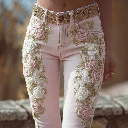 Retro Embroidery Art Print Casual Pants