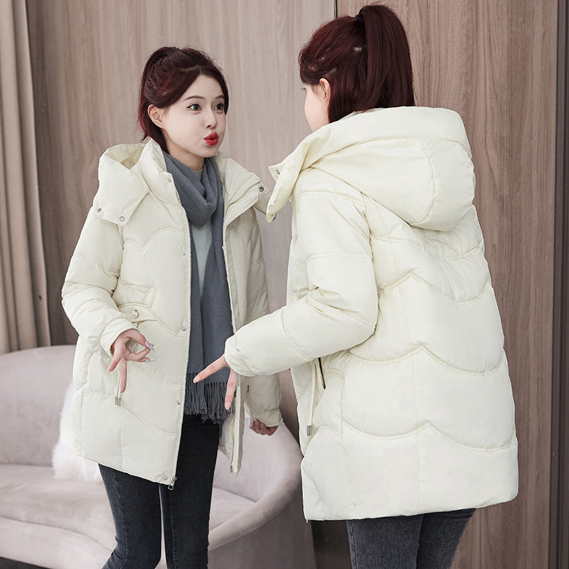 Womens New Solid-Color Mid-Length Puffer Jacket With Hood