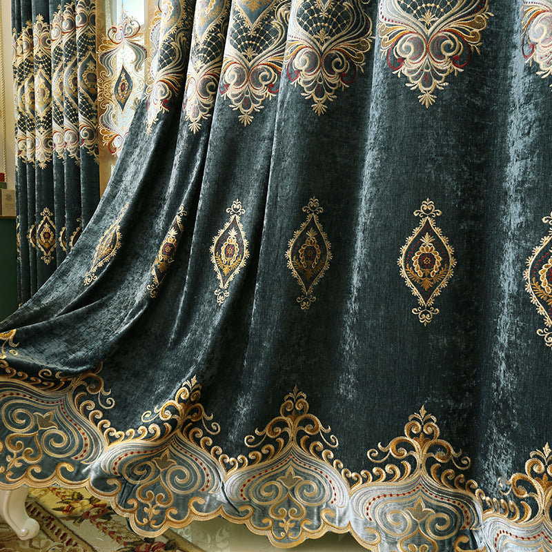Blue Chenille Embroidered Curtains for Living Room Bedroom