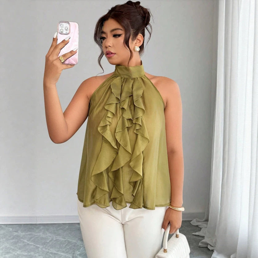 Plus-size Womens French-style Halter Top With Ruffled Hem