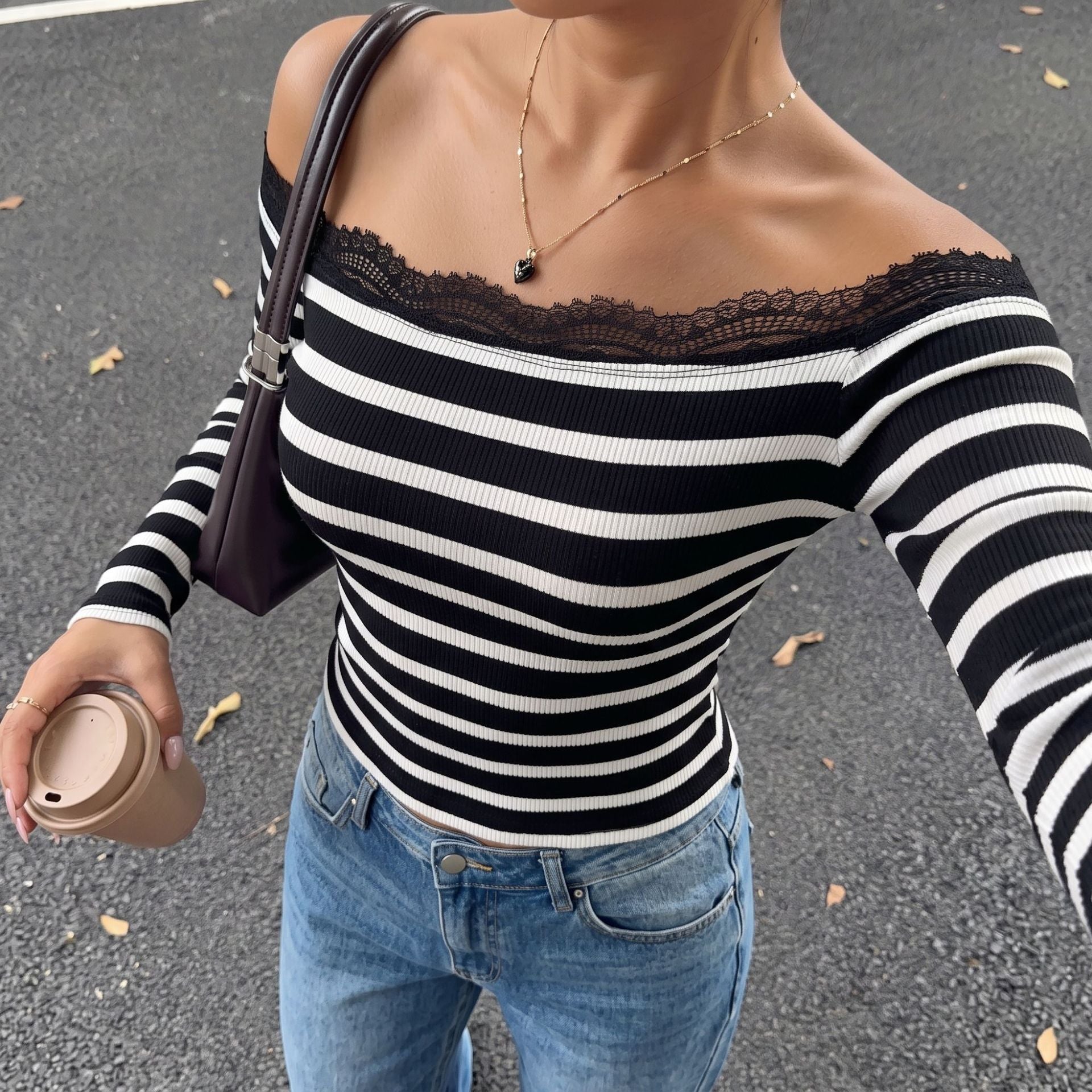 Off-shoulder Striped Lace Boat-neck T-shirt For Women