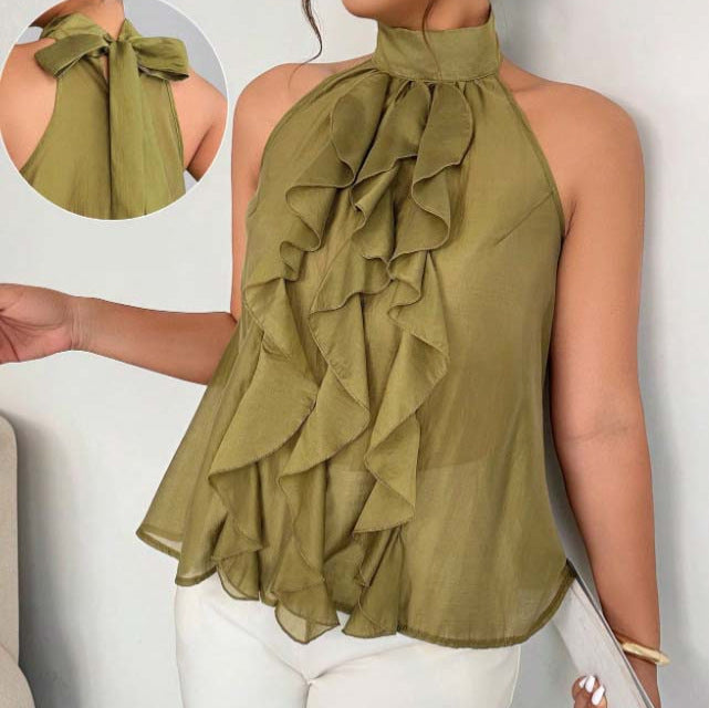 Plus-size Womens French-style Halter Top With Ruffled Hem