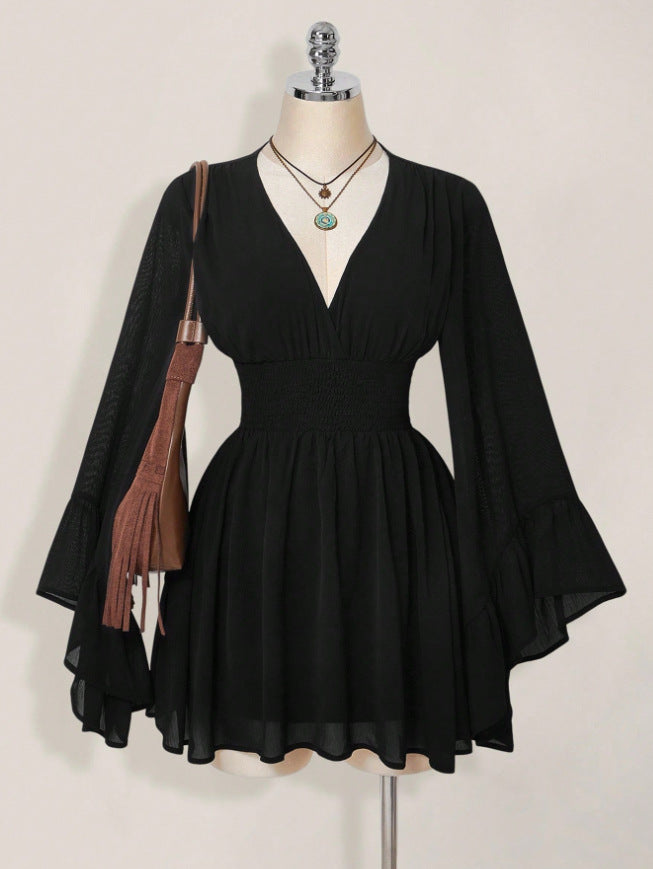 Womens Solid-Color Fashionable V-Neck Waist-Cinching Dress