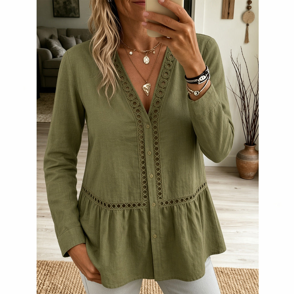 Womens Casual Solid-Color Lace-Patchwork Long-Sleeve Shirt
