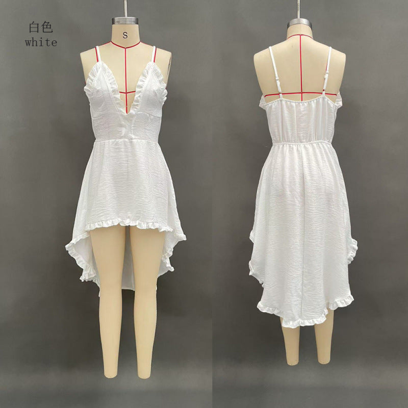 2026 Summer Suspender Pure Color Short Skirt Women's Off-Shoulder Beach Asymmetrical Dress