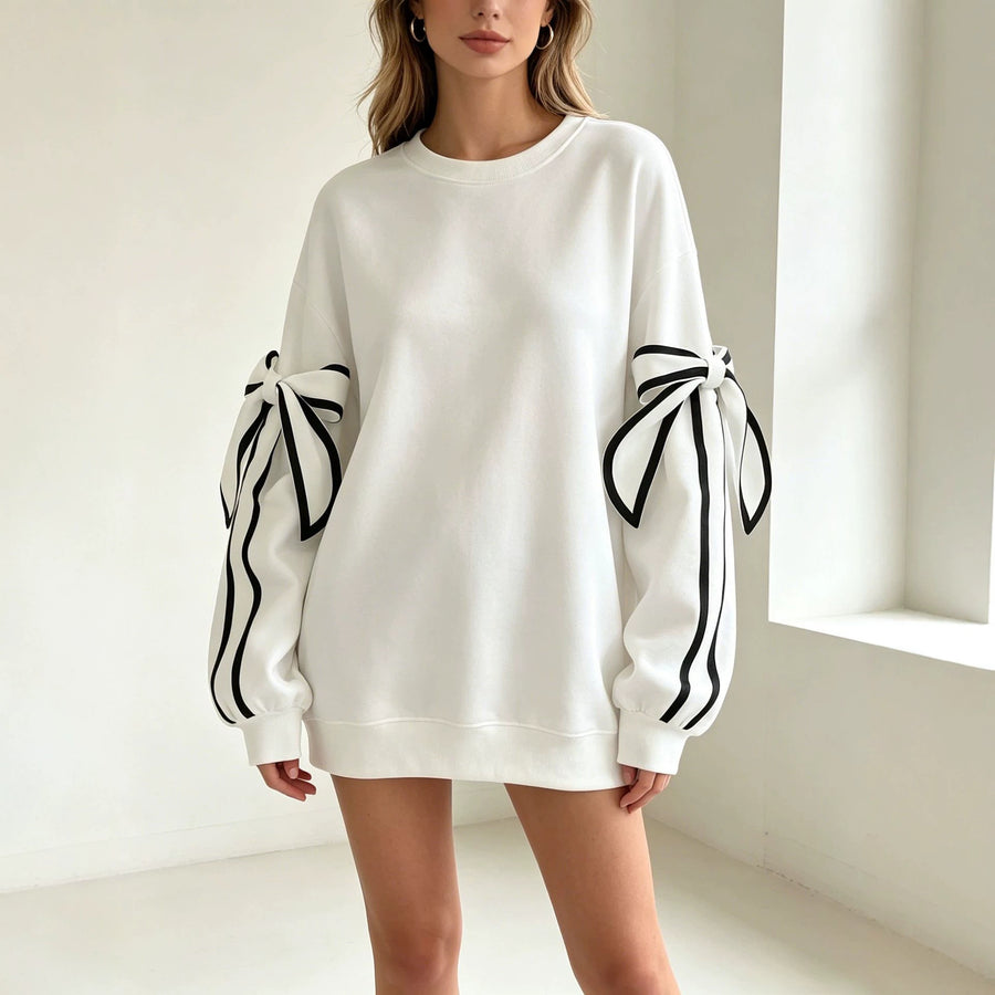 Fashion Casual Bow Round Neck Long Sleeve Sweater For Women