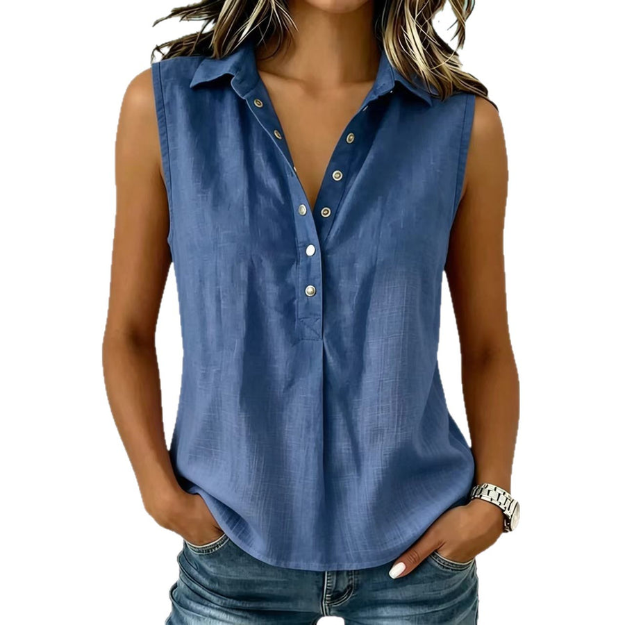 Womens Casual Lapel-collar Solid-color Sleeveless Blouse With Buttons