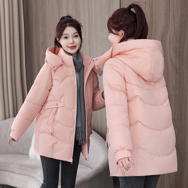 Womens New Solid-Color Mid-Length Puffer Jacket With Hood