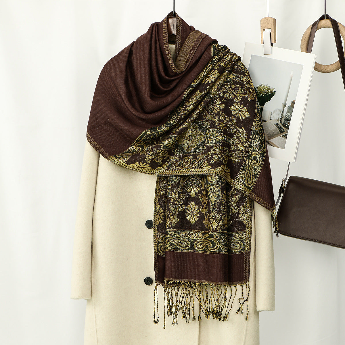Bohemian-style Cashew-print Long Scarf With Tassels