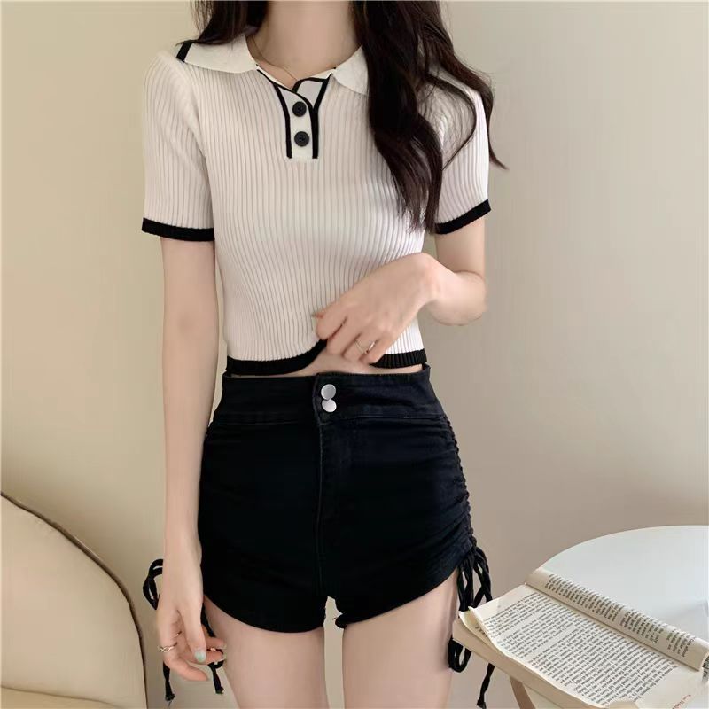 Color-block Polo-neck Short-sleeve Lightweight Knit Top
