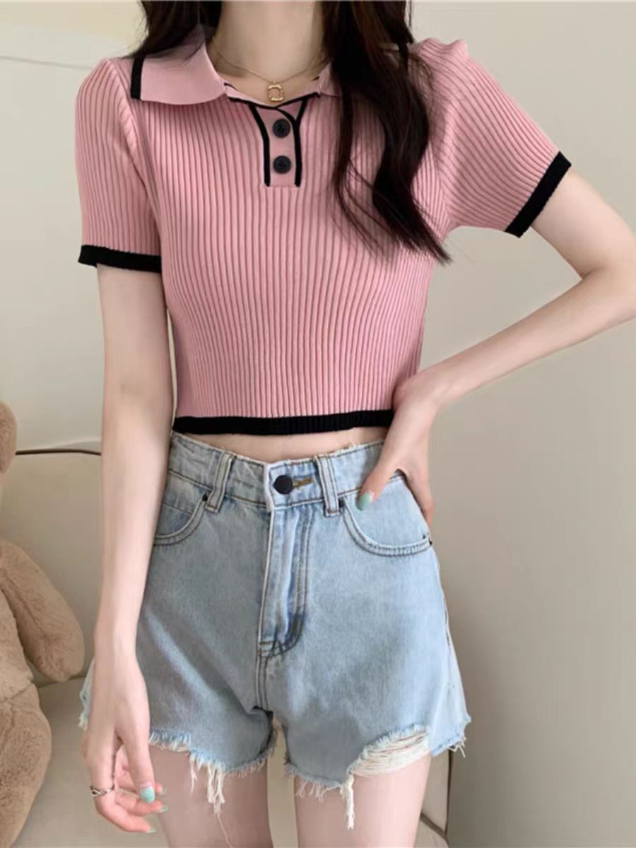 Color-block Polo-neck Short-sleeve Lightweight Knit Top