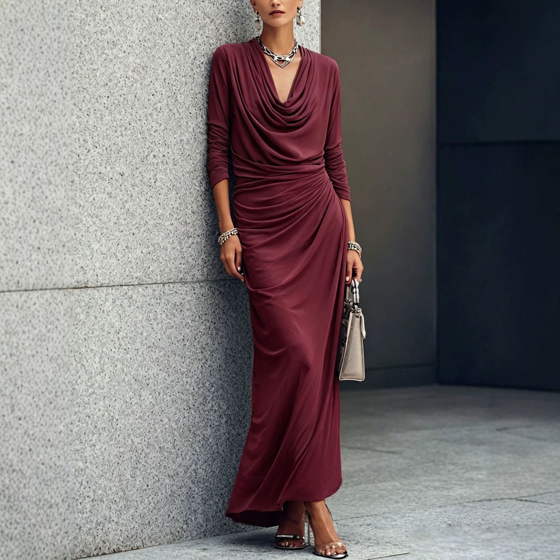 Women's Draped Boat-neck Long-sleeve Dress