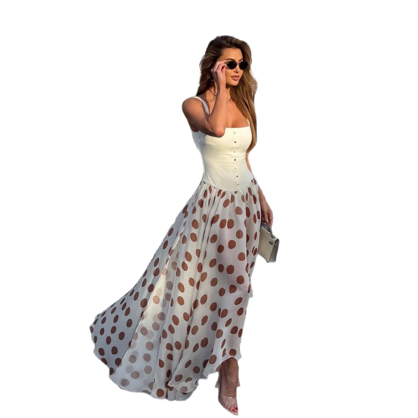 Waist-cinching Strap Dress With Patchwork Polka Dots