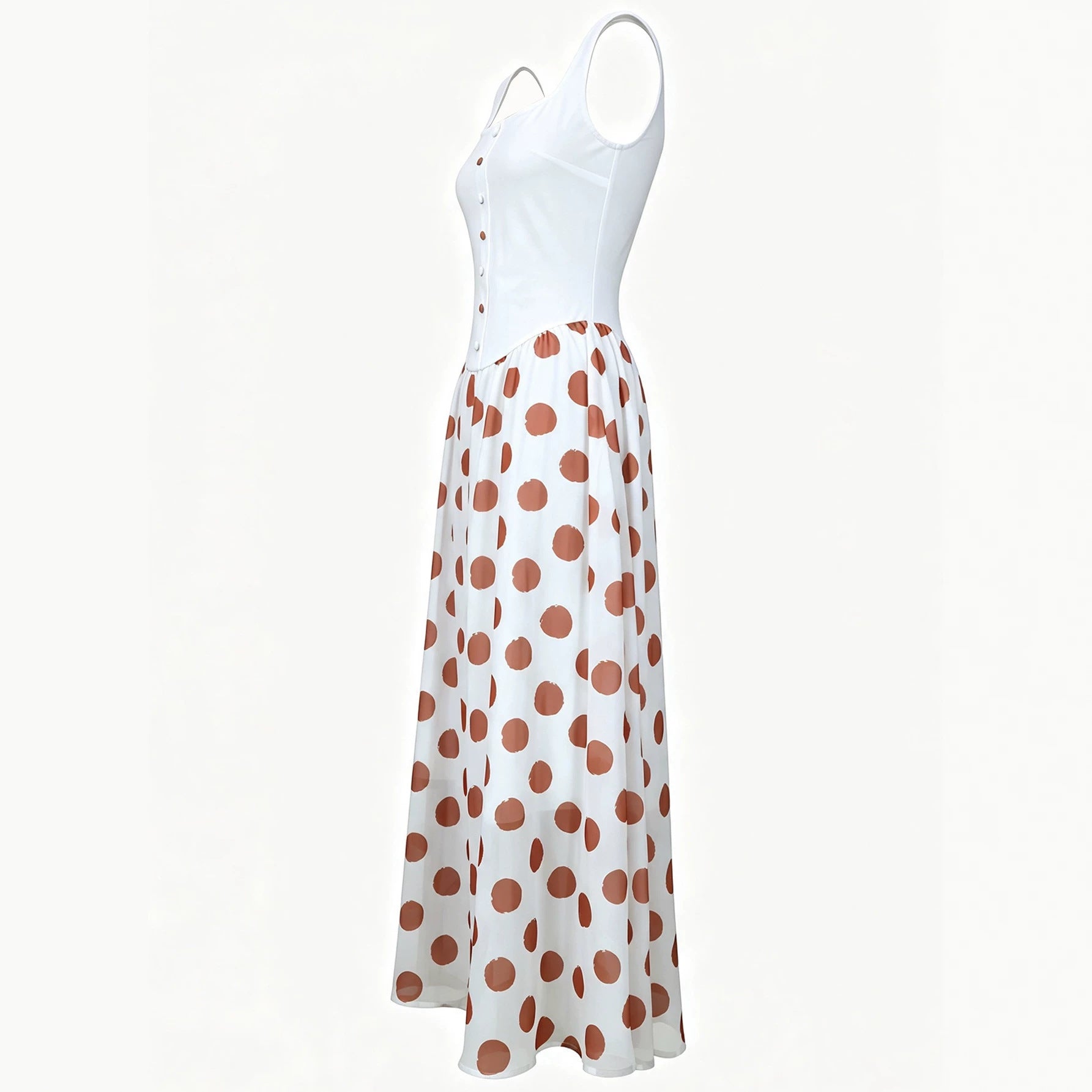 Waist-cinching Strap Dress With Patchwork Polka Dots