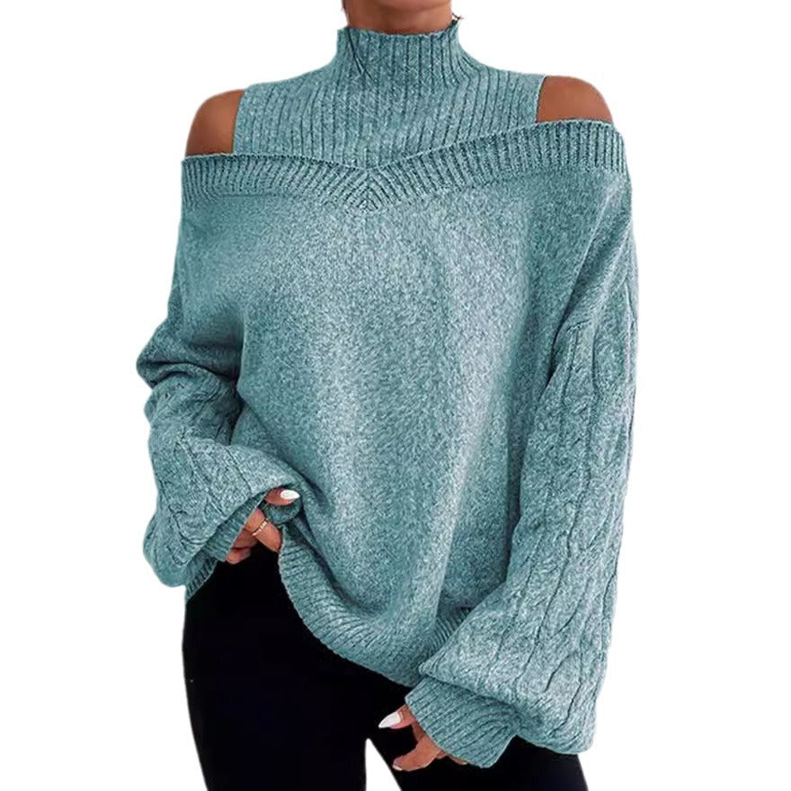 Off-shoulder Womens Pullover Mock Turtleneck Puff-sleeve Knit Sweater For Women