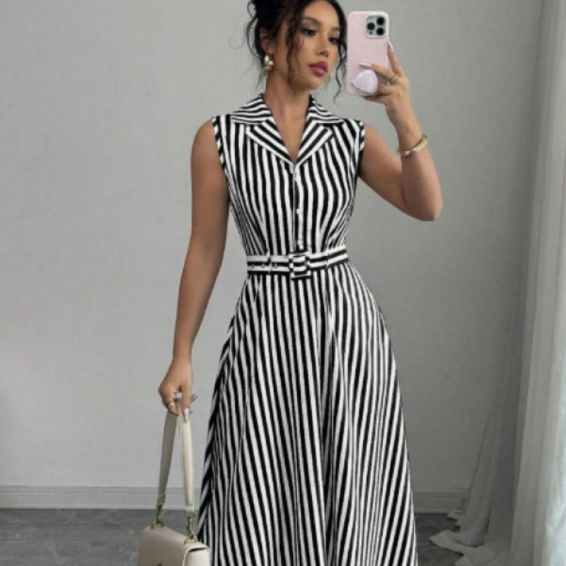 Womens Striped Waist-Cinching Elegant Dress