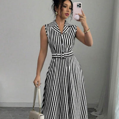 Womens Striped Waist-Cinching Elegant Dress