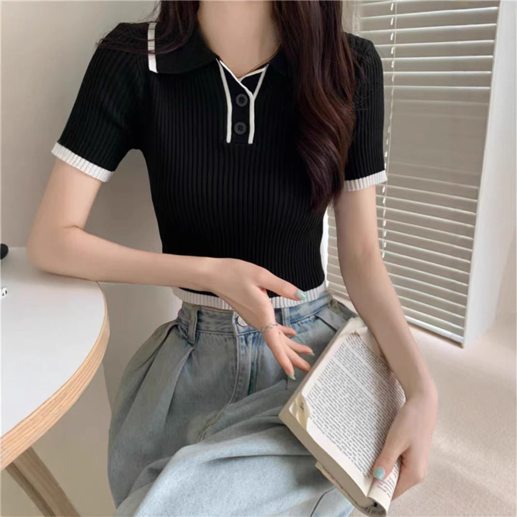 Color-block Polo-neck Short-sleeve Lightweight Knit Top
