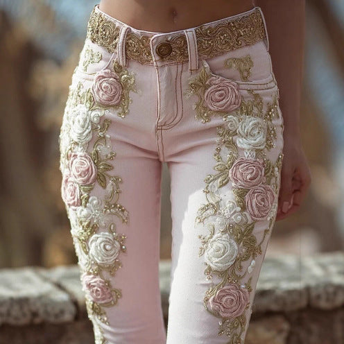 Retro Embroidery Art Print Casual Pants