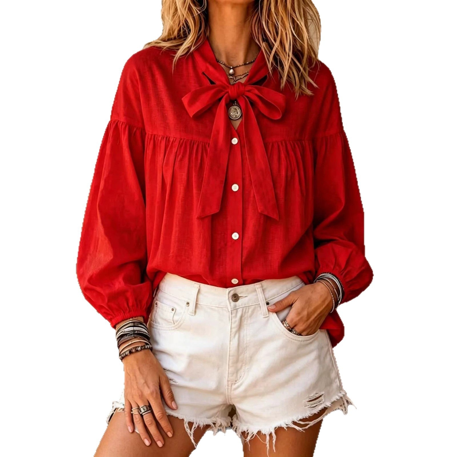 Bow-tie-laced Loose-fit Puff-sleeve Stand-collar Blouse
