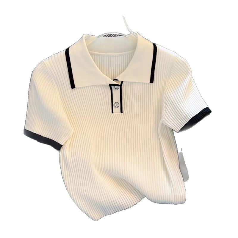 Color-block Polo-neck Short-sleeve Lightweight Knit Top