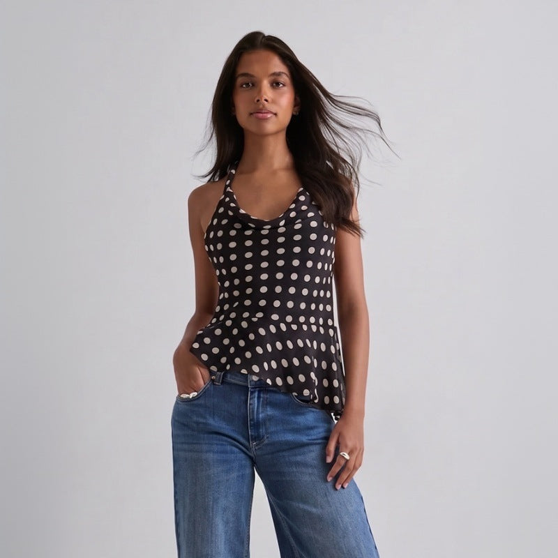 Womens Halter-Neck Strappy Backless Polka-Dot Printed Camisole