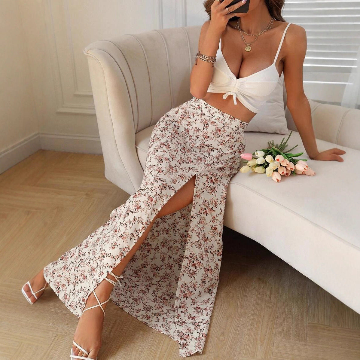 Women's Floral Print Long Skirt with High Slit - Elegant Flowy Maxi Skirt for Summer Casual Wear