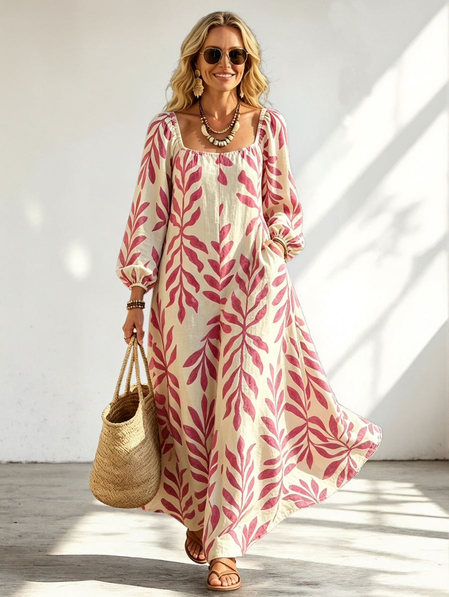 Printed Long-Sleeve U-Neck Pocket Dress For Women