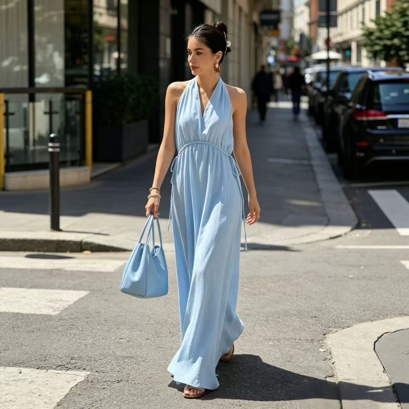 Halter Neck V Neck Waist Cinched Sleeveless Maxi Dress In A Vacation Style