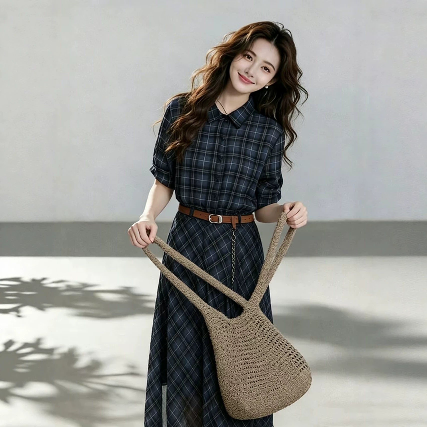 Women's Elegant Blue Plaid Shirt Dress