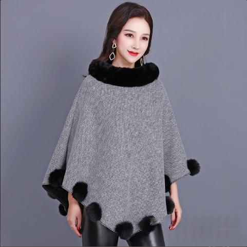 Women's Brown Mid-length Furry Ball Shawl Cape with Outerwear