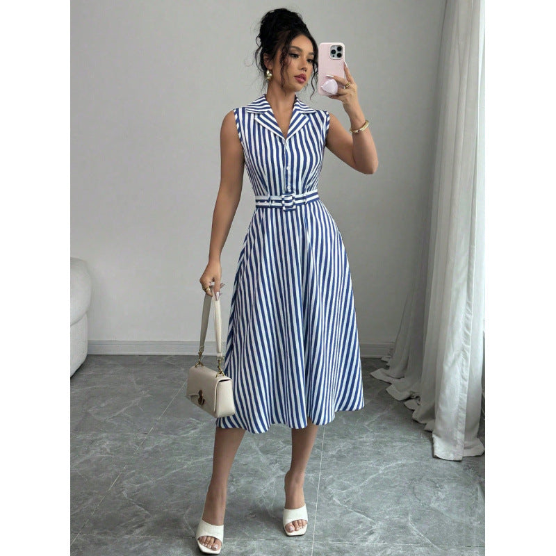 Womens Striped Waist-Cinching Elegant Dress