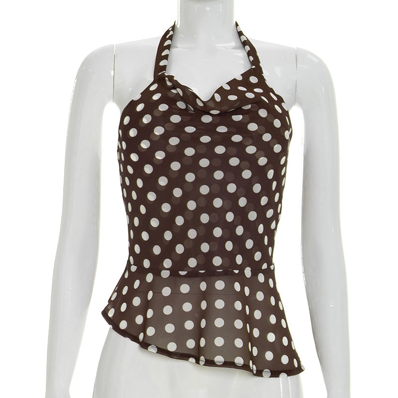 Womens Halter-Neck Strappy Backless Polka-Dot Printed Camisole
